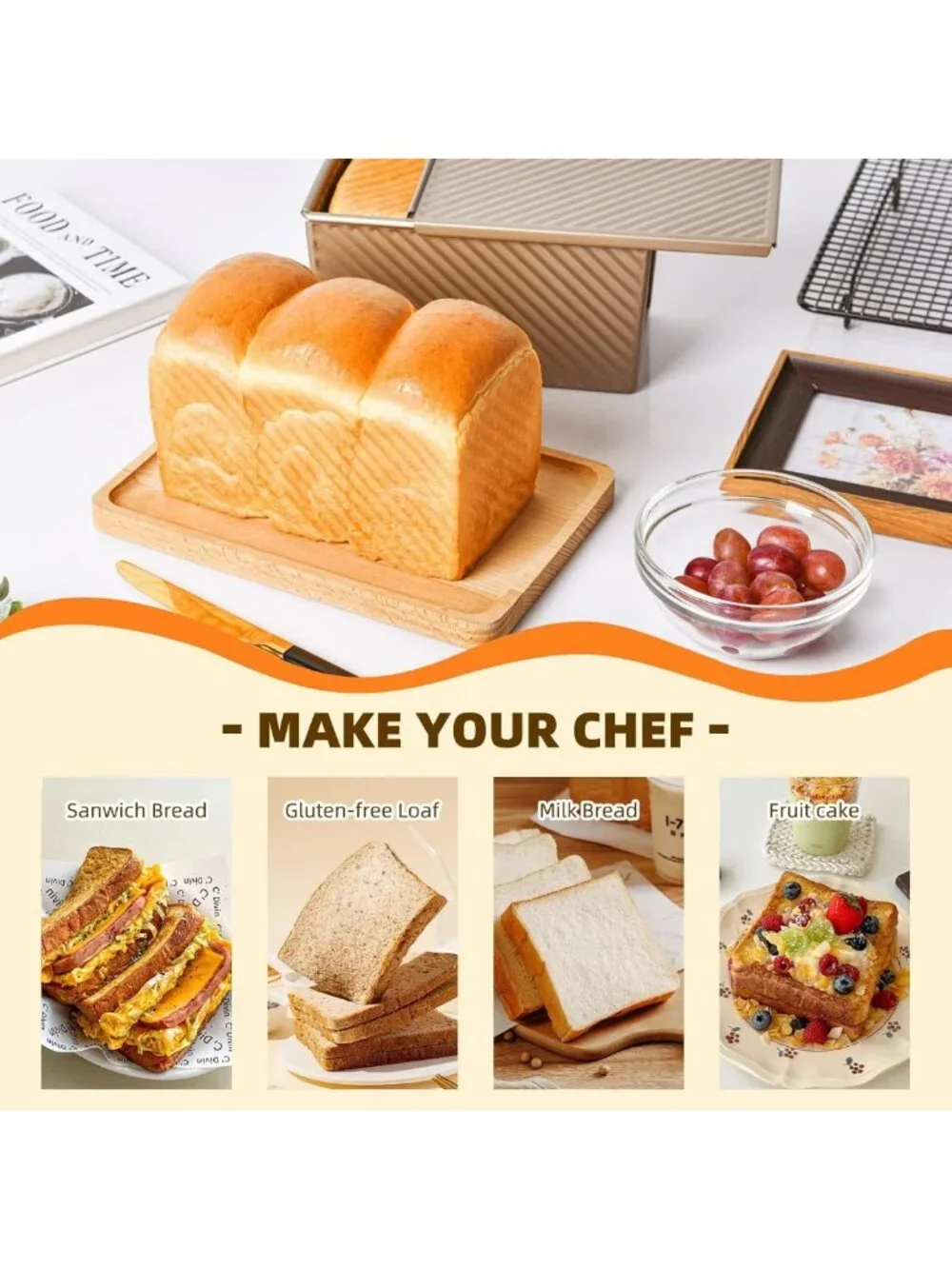 Non-Stick Pullman Loaf Pan with Lid, 1 lb Capacity Gold Bakeware for Bread